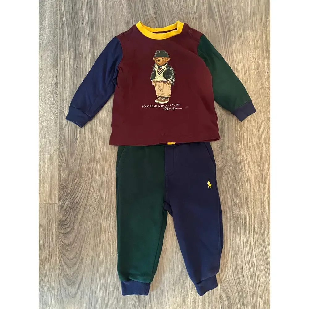 Ralph Lauren Colorblocked Red Green Blue Sweat Set Polo Bear Set Baby 12 Month